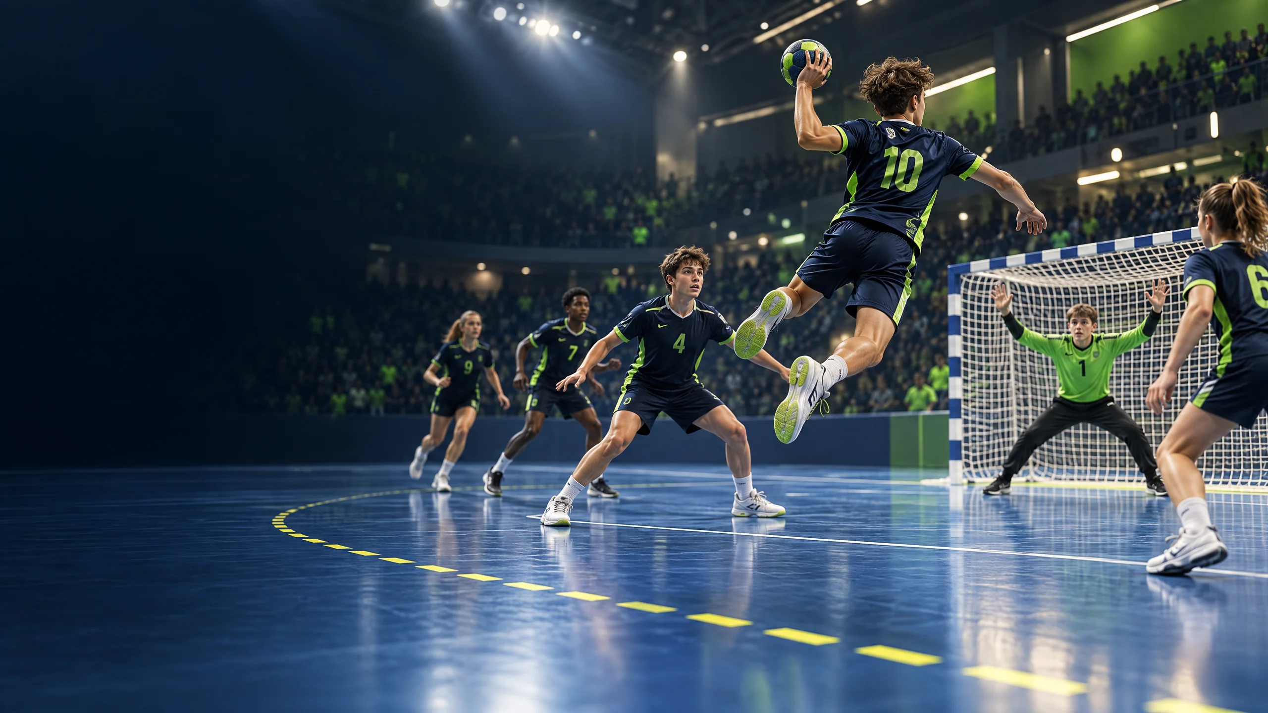 Jucători de handbal într-o sală, la o aruncare din săritură spre poartă
