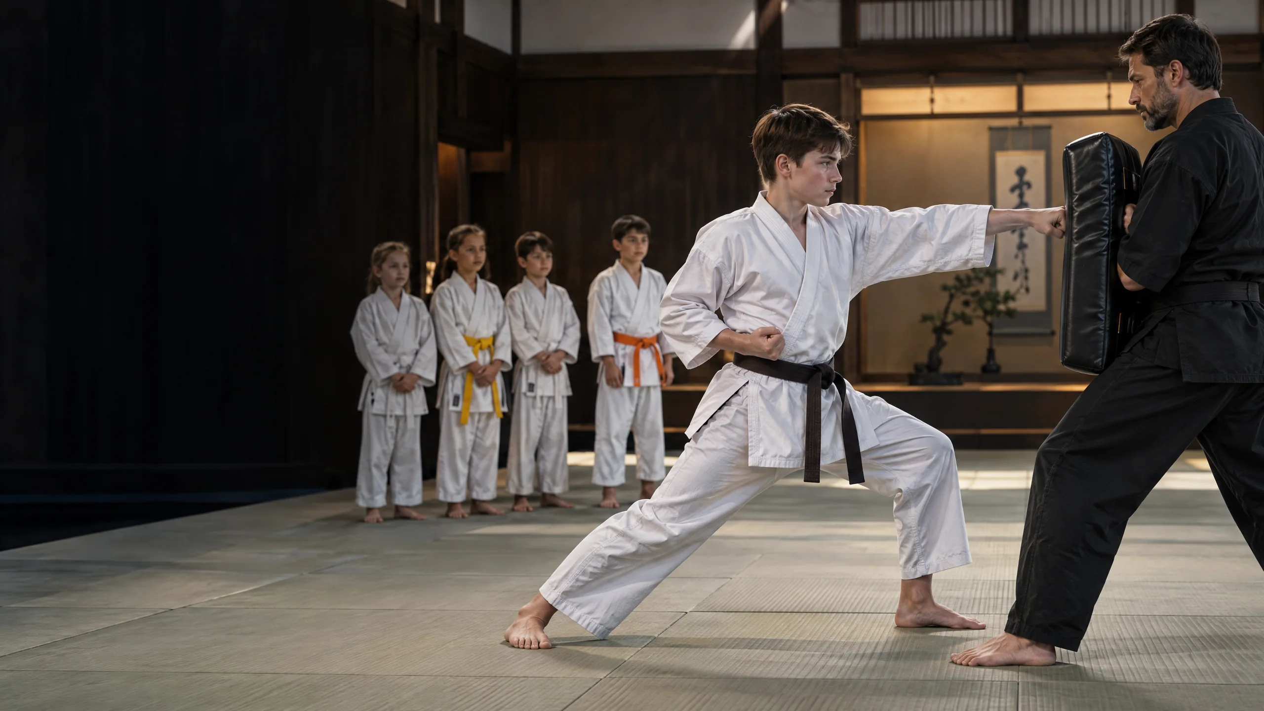 Karateka golpeando el escudo que sujeta el entrenador, con niños de cinturones de colores mirando en el dojo